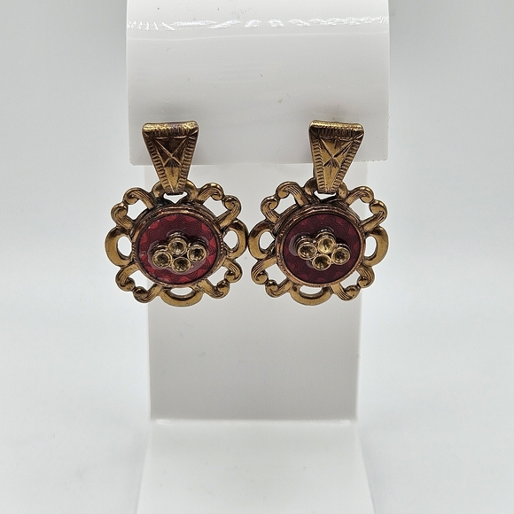 VINTAGE Victorian Style Gold Tone Dangle Earrings Screw Clip Back MCM - Picture 2 of 5